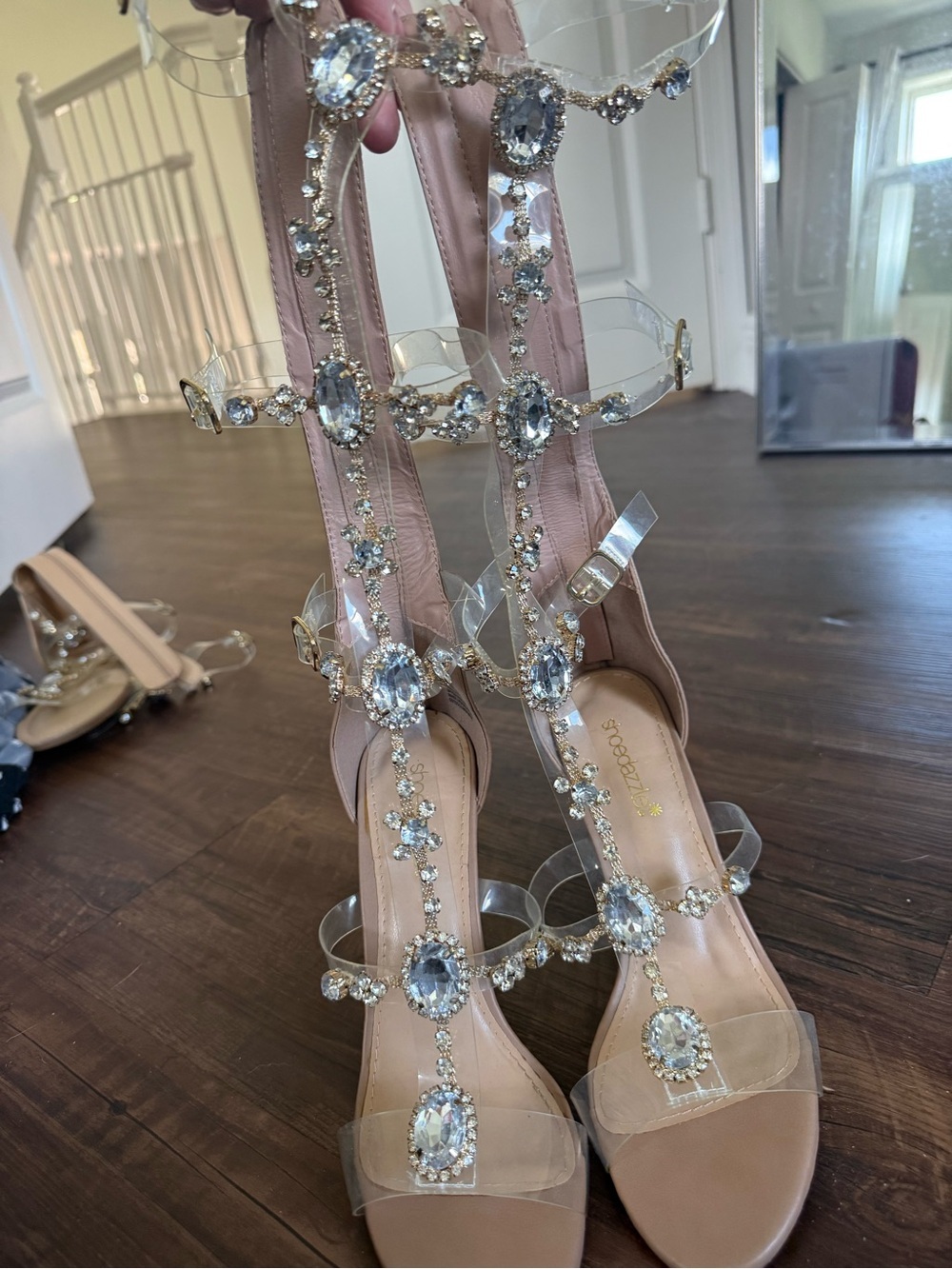 Shoe Dazzle tan Nude Heels with Crystal Straps